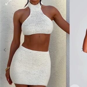White Knit Halter Top and Skirt Set